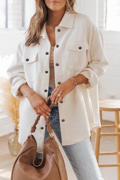 Women's Textured Button-Up Shacket in Olive Green - Trendy Layering Top with Flap Pockets for Casual Chic Style
