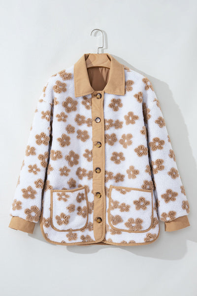 Women's Cozy Casual Light Beige Fleece Jacket with Floral Pattern and Button-Up Design for Effortless Style