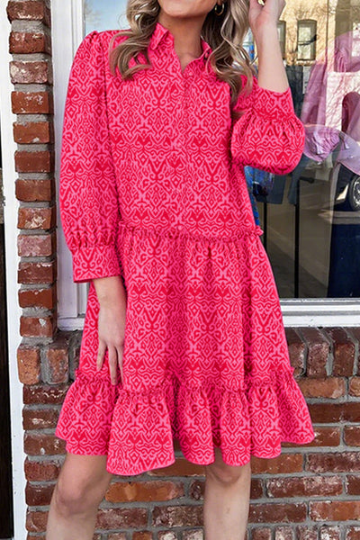 Women's Pink Bohemian Long Sleeve Mini Dress with Ruffled Hem and Chic Shirt Collar for Effortless Style