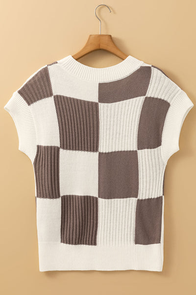 Casual Chic Women's Khaki Checkered Color Block Sweater - Short Sleeve Crew Neck for Effortless Style