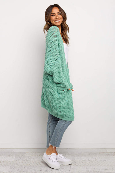 Cozy Women's Green Long Knit Cardigan with Pockets - Stylish Open Front for Effortless Layering and Everyday Comfort