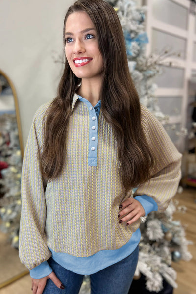 Women's Beau Blue Jacquard Henley Sweatshirt with Button Placket