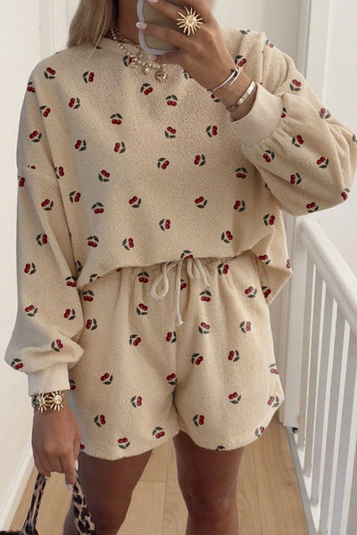 Cozy Women's Oatmeal Cherry Print Oversized Lounge Set with Drawstring Shorts Perfect for Relaxing at Home