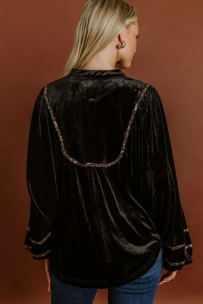 Elegant Women's Black Velvet Puff Sleeve Top with Notched Neck and Leopard Trim - Chic Casual Fashion Statement