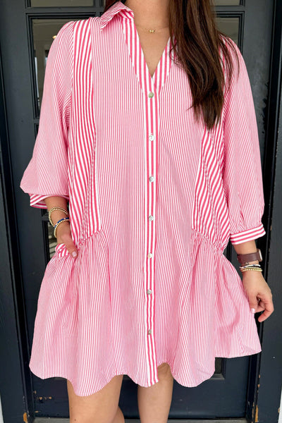 Plus Size Casual Chic Pink Stripe Long Sleeve Mini Shirt Dress with Ruffled Hem for Trendy Women