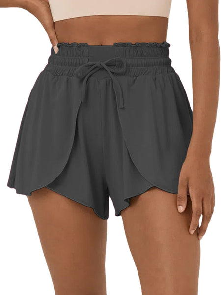 Dark Charcoal Ruffle High Waist Blossom Tie Swim Shorts