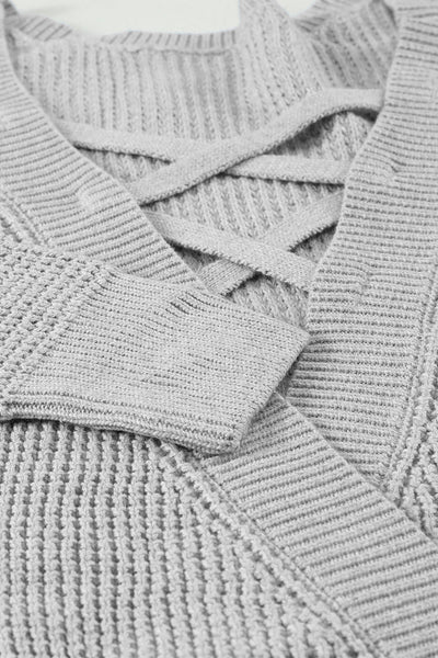 Trendy Women's Gray Cross Back Sweater - Stylish Knit Top for Casual Comfort and Fashionable Everyday Wear