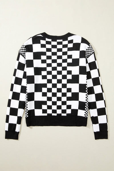 Cozy Women's Black Checkered Drop Shoulder Sweater with Round Neck Chic Knit for Effortless Everyday Style
