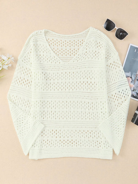 Women's White Crochet V Neck Pullover Sweater with Hollow Out Detail