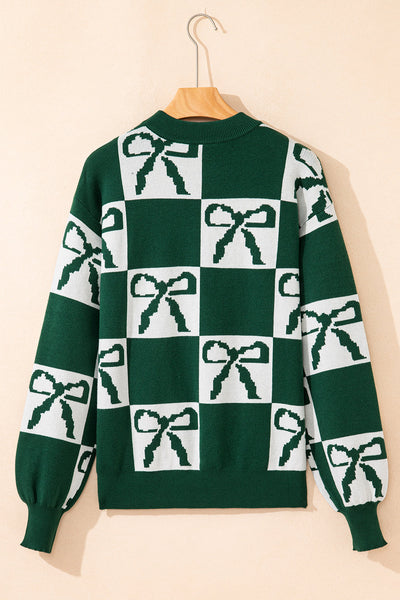 Women's Checkered Bow Knit Sweater in Hunter Green made for easy styling and wardrobe coordination, with premium-like structure and finish.