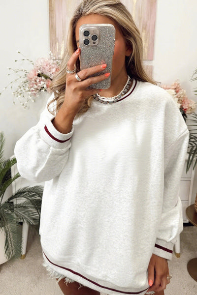 Plus Size Women's Light Grey Striped Casual Sweatshirt with Trendy Drop Shoulders and Chic Patchwork Details
