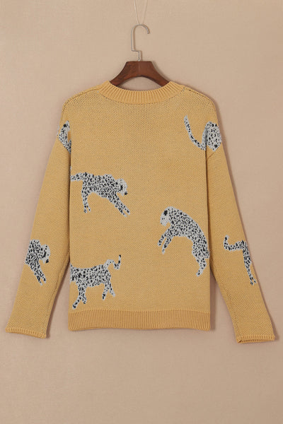 Cozy Camel Cheetah Print Round Neck Sweater