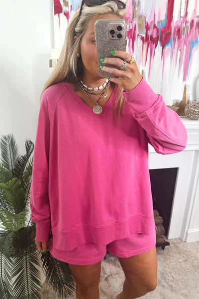 Women's Strawberry Pink V-Neck Long Sleeve Pullover & Loose Shorts Lounge Set for Cozy Comfort and Chic Style