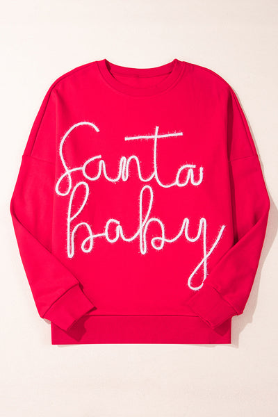 Cozy Fiery Red Santa Baby Graphic Sweatshirt for Women - Festive Holiday Style with Tinsel Detail