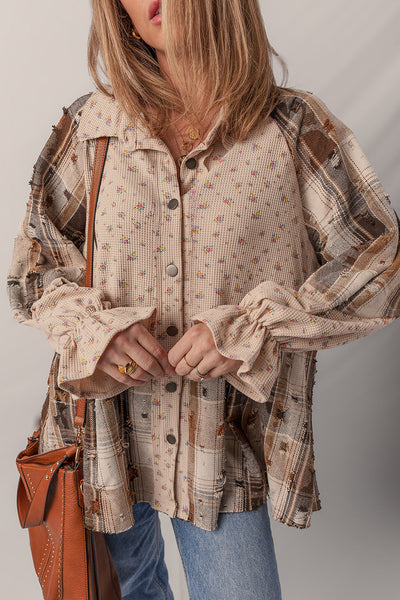 Women's Boho Floral Plaid Distressed Ruffled Sleeve Shacket in Oatmeal - Casual Chic Knit Jacket for Effortless Style