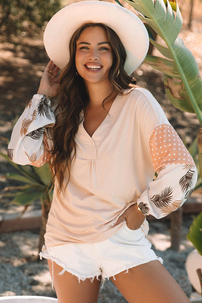 Tropical Palm Print Puff Sleeve V-Neck Blouse for Women Loose-Fit, Stylish Patchwork in Jet Stream Colors