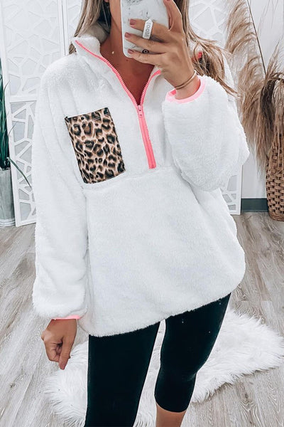 Snow Leopard Half-Zip Fleece Sweatshirt with Patch Pocket
