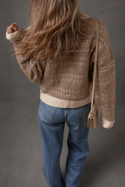 Stylish Women's Dark Brown Geometric Knit Sweater with Contrast Colors and Drop Sleeves Ideal for Casual Layering