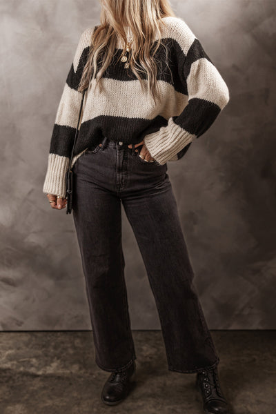 Cozy Women's Colorblock Pullover Sweater in Jet Stream - Loose Fit Knit for Stylish Casual Fall Looks