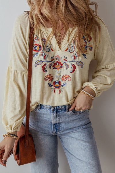 Women's Stylish Apricot Floral Embroidered V-Neck Blouse - Comfortable Fit for Effortless Spring Fashion