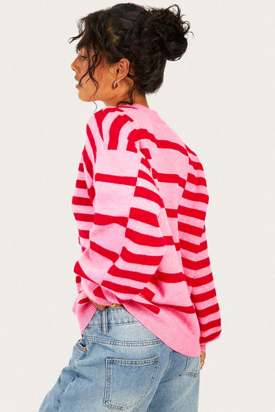 Chic Women's Pink Striped Bubble Sleeve Sweater with Drop Shoulders & Ribbed Trim for Cozy Style