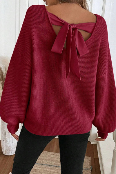 Cozy Women's Red Ribbed Knit Sweater with Contrast Ribbon Knot & Drop Shoulder Trendy Fall Fashion Essential