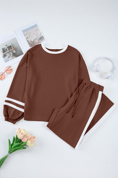 Women's Chestnut Varsity Stripe Puff Sleeve Pullover and Wide Leg Pant Set with practical styling and dependable silhouette control.