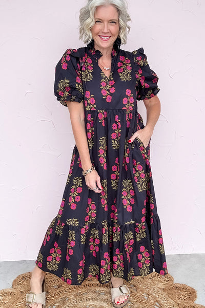 Beige Floral Tiered Maxi Dress for Women with Short Bubble Sleeves - Ideal for Spring and Summer Gatherings