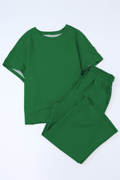 Women's Dark Green Textured Lounge Set - Relaxed Fit T-Shirt & Drawstring Pants for Cozy Everyday Comfort