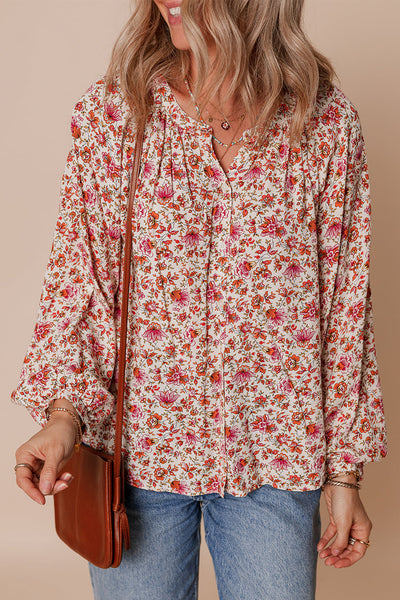 Elegant Women's Red Floral Blouse - Lightweight Short Sleeve Top with Feminine Touch for Casual and Dressy Events