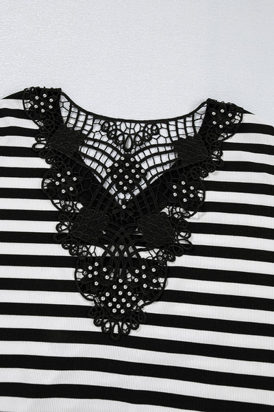 Women's Black and White Stripe Crochet V-Neck Top with Hollow-Out Back and Buttoned Shoulders for a Stylish Look
