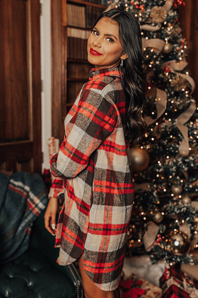Casual Chic Women's Red Plaid Button-Up Shacket Tunic with Side Slits for Effortless Layering and Stylish Comfort