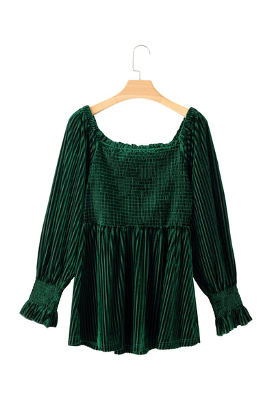 Women's Smocked Ribbed Velvet Babydoll Top in Blackish Green - Chic and Comfortable for Effortless Everyday Style