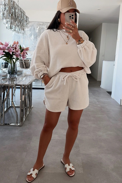 Casual Chic Women's Solid Color Textured Knit Pullover & Drawstring Shorts Set - Stylish Drop Shoulder Ensemble