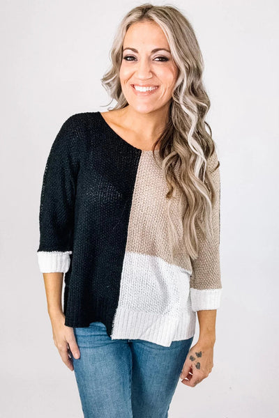 Cozy Women's Black Color Block V-Neck Knit Sweater - Relaxed Fit for Effortless Casual Chic Look