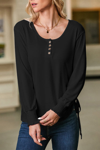 Chic Women's Black U-Neck Henley Top with Smocked Cuffs & Adjustable Side Drawstring for Effortless Casual Style