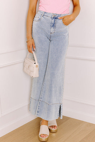 Trendy Women's Beau Blue Mid Rise Wide Leg Jeans with Pearl Accents and Split Design for a Chic Look