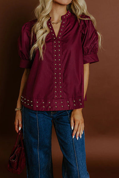burgundy puff sleeve blouse for women chic v-neck top with rivet details for effortless style and comfort with practical styling and dependable