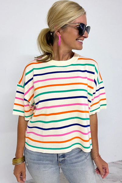 Beige Striped Short Sleeve Knitted Top for Women - Trendy Boxy Fit Tee for Effortless Casual Chic Style