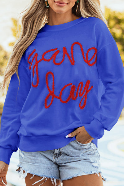 Women's Trendy Dark Blue Graphic Sweatshirt with Tinsel Detail, Relaxed Fit for Game Day Style and Ultimate Comfort