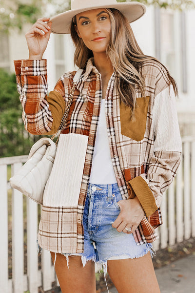 Women's Casual Orange Plaid Color Block Shirt Jacket with Pocket - Versatile Layering Piece for All Seasons