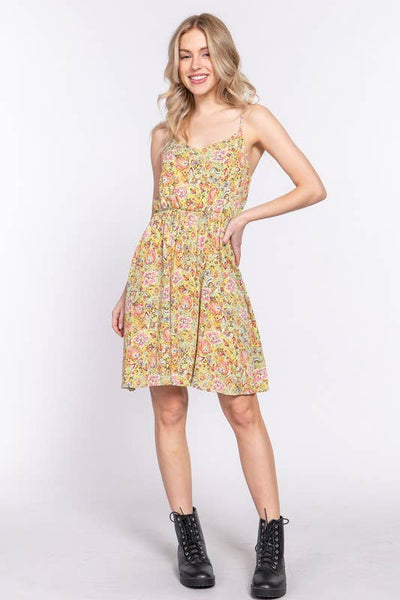 Round Neck Waist Shirring Floral Dress