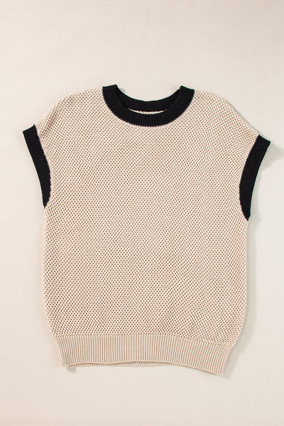 Women's Light Beige Batwing Sleeve Sweater Top - Chic Round Neck Knit Pullover with Contrast Trim for Effortless Style