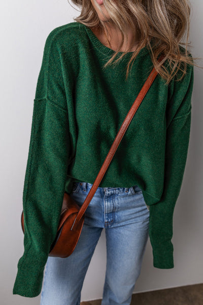 Women's Cozy Blackish Green Loose-Fit Crew Neck Sweater with Drop Sleeves - Stylish Knitwear for Casual Wear