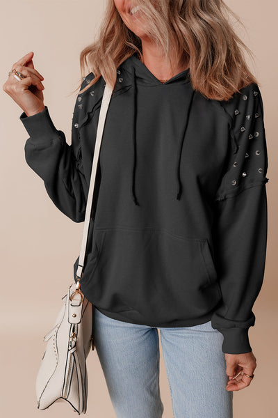 Chic Women's Black Raglan Hoodie with Pocket - Trendy Rivet-Studded Comfortable Casual Wear for Everyday Style