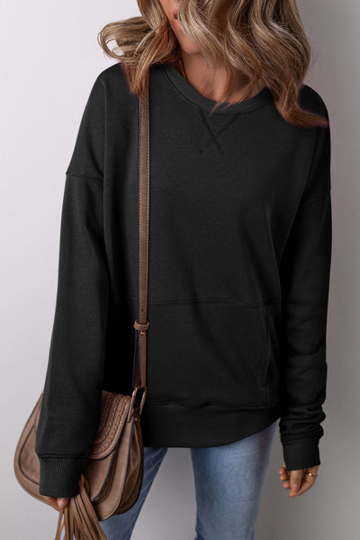 Women's Black Crisscross Stitch Sweatshirt with Pockets - Relaxed Fit for Cozy Casual Style