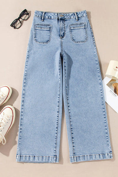 Women's High-Waisted Light Wash Wide-Leg Jeans with Patch Pockets