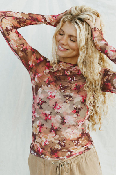 Elegant Women's Red Floral Print Sheer Mesh Long Sleeve Blouse Lightweight Summer Top for Chic and Stylish Looks
