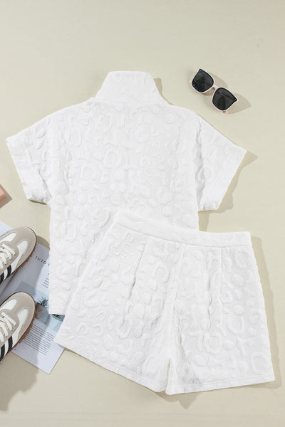 Women's White Leopard Jacquard Quarter Zip Tee and Shorts Set