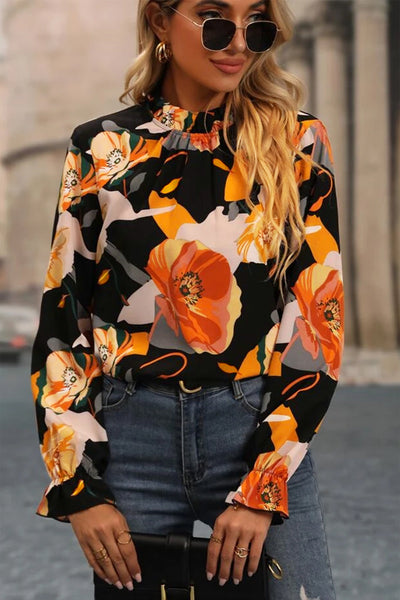 Elegant Women's Black Floral Mock Neck Blouse - Trendy Fit for Day or Night, Perfect for Any Occasion